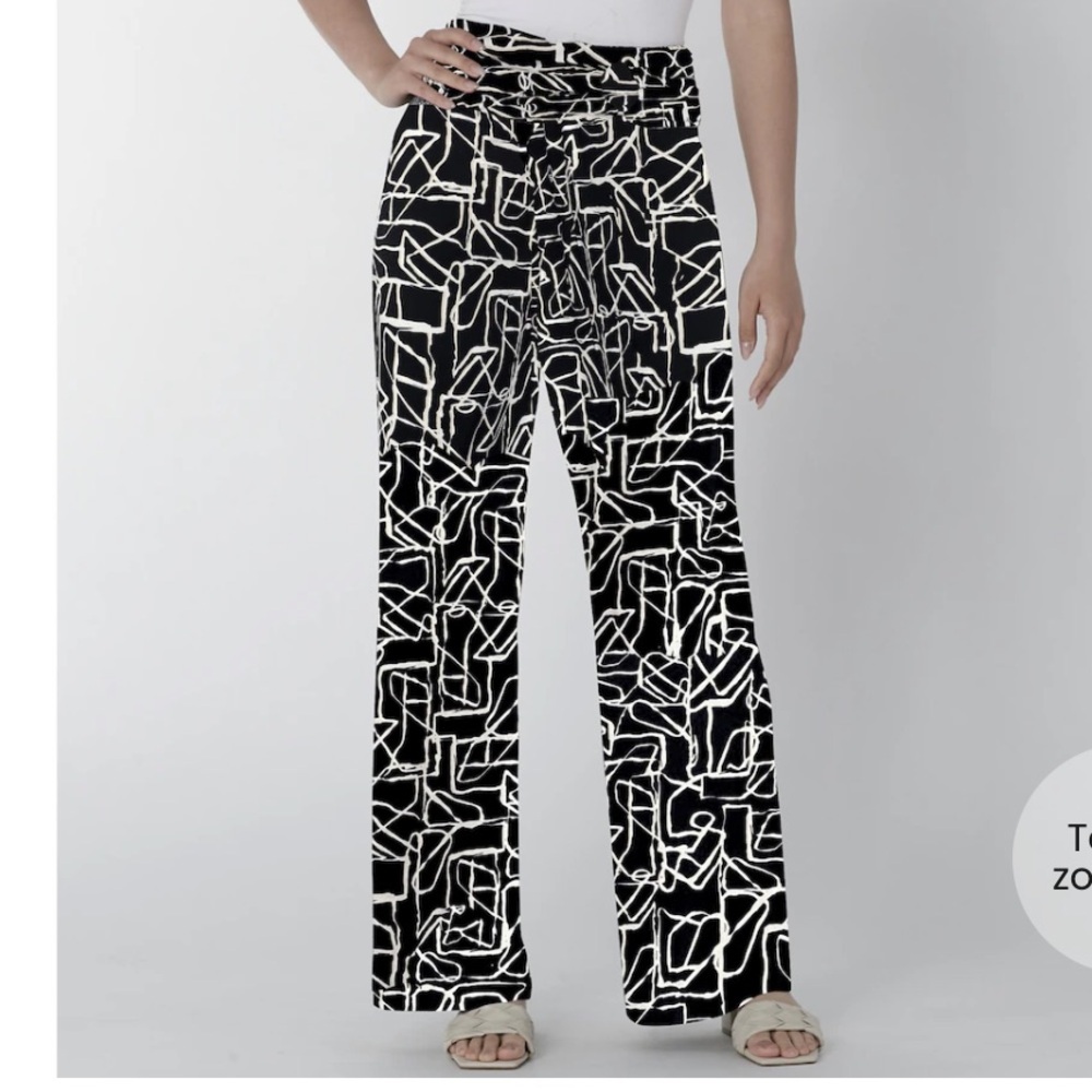 Nina Leonard Navy Blue and White Geometric Print Wide Leg Palazzo Pants